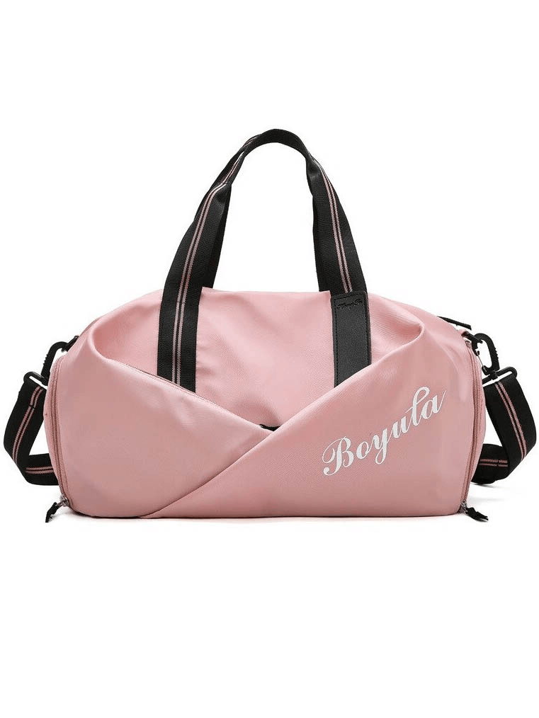 Pink waterproof crossbody gym bag with durable nylon material, featuring specialized shoe pockets and smart storage for active women.
